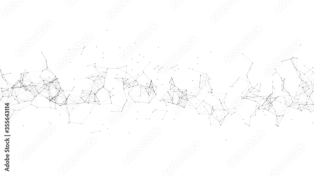 Abstract background with connected line and dots. Black and white molecule structure. Science and connection concept. Website header or banner design.