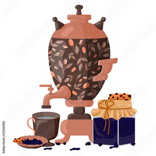 Tea party. The samovar. Currant jam. Currant berries. Water in a mug.