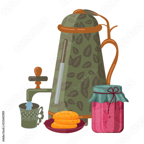 Tea party. A samovar with a leaf pattern. Tea in a mug Pours water. Crimson jam. Biscuits.