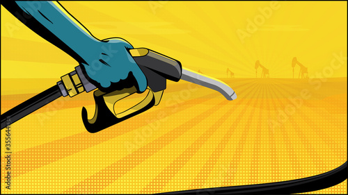 Man's Hand Holding Empty Yellow Petrol Pump In The Warm Desert. Pump jacks Oil Wells Silhouette In Background. Petrol Price, Industry, Oilfield, Prices Per Barrel Concept. Cartoon Vector Illustration