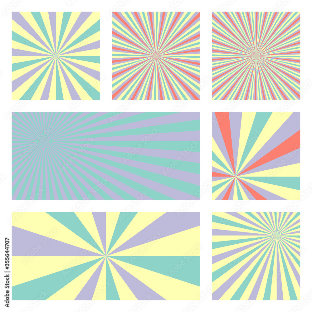 Astonishing sunburst background collection. Abstract covers with radial rays. Amazing vector illustration.
