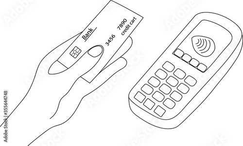 When quarantining a coronvirus epidemic, pay for your purchases with a credit card. Cashless payment terminal and hand with a bank card. Vector poster - card payment