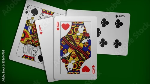 Animation of throwing playing cards with animated Queen image on a green background.