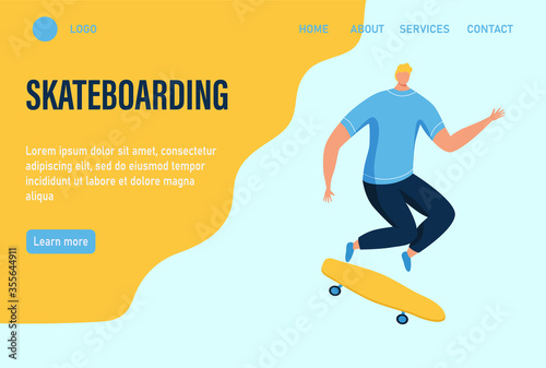A young man or teenager rides a skateboard. Website homepage landing web page template. Flat vector illustration.