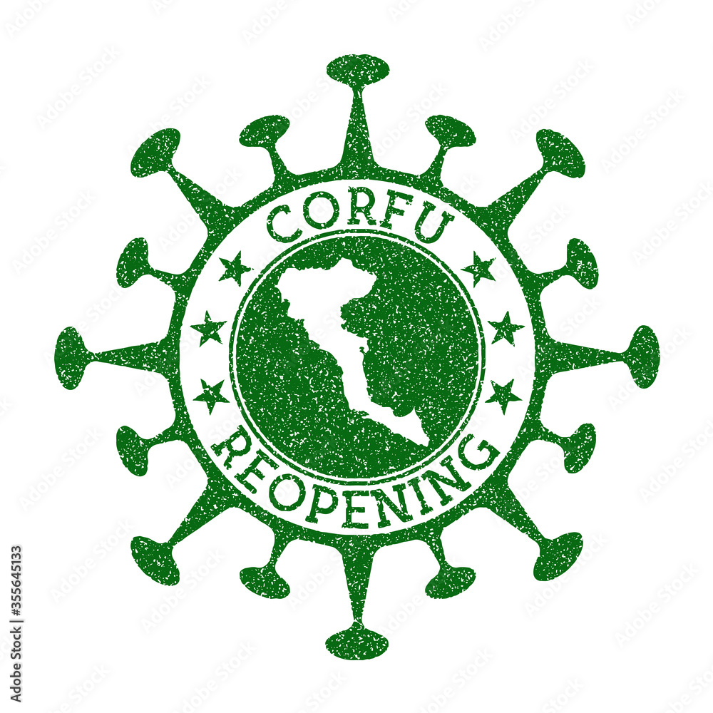 Corfu reopening stamp. Green round badge of island with map of Corfu. Island opening after lockdown. Vector illustration. Corfu reopening stamp. Green round badge of island with map of Corfu. Island opening after lockdown. Vector illustration.
