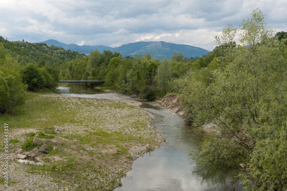 The Prahova River (Romania) Flowing Through a Forest on a Cloudy Late-Spring Day