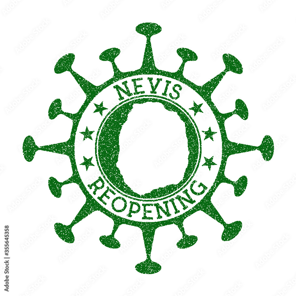 Nevis Reopening Stamp. Green round badge of island with map of Nevis. Island opening after lockdown. Vector illustration.