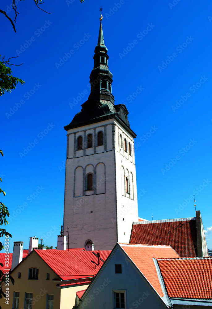 View of the tower of Saint Nicholas church in Tallinn, Estonia 