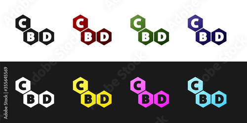 Set Cannabis molecule icon isolated on black and white background. Cannabidiol molecular structures, THC and CBD formula. Marijuana sign. Vector Illustration.