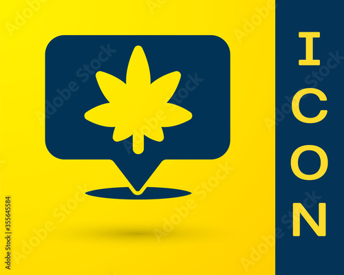 Blue Map pointer and marijuana or cannabis leaf icon isolated on yellow background. Hemp symbol. Vector Illustration.