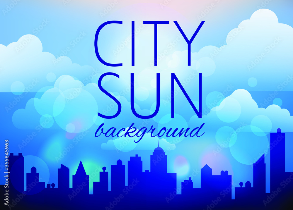 Fototapeta premium Vector night evening city silhouette background with clouds and bokeh