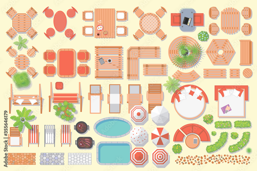 Icons set. Outdoor furniture and patio items. (top view) Isolated Vector Illustration. Tables, benches, chairs, sunbeds, paths, pool, swings, umbrellas, plants. (view from above). Furniture store. Icons set. Outdoor furniture and patio items. (top view) Isolated Vector Illustration. Tables, benches, chairs, sunbeds, paths, pool, swings, umbrellas, plants. (view from above). Furniture store.