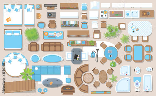 Icons set of interior (top view). Isolated Vector Illustration. Furniture and elements for living room, bedroom, kitchen, bathroom. Floor plan (view from above). Furniture store.