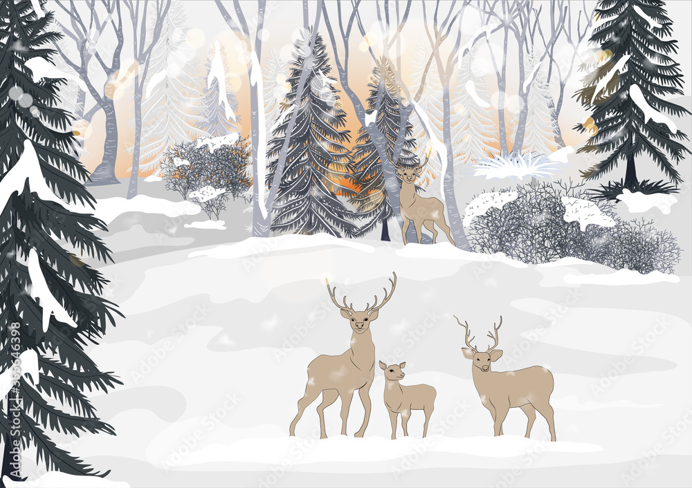 Obraz Vector winter landscape with bright sunbeams. Reindeer family standing in forest pine trees covered with snow on frosty evening. Beautiful winter panorama with snow falling