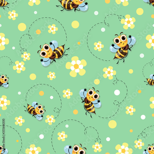 Bee meadow. Bee swarming, honey bees fly in a flower meadow. Cute cartoon character. Seamless pattern.  © velishchuknatali