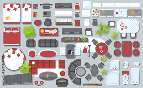 Icons set of interior (top view). Isolated Vector Illustration. Furniture and elements for living room, bedroom, kitchen, bathroom. Floor plan (view from above). Furniture store.