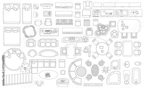 Set of linear icons. Interior top view. Isolated Vector Illustration. Furniture and elements for living room, bedroom, kitchen, bathroom. Floor plan (view from above). Furniture store.