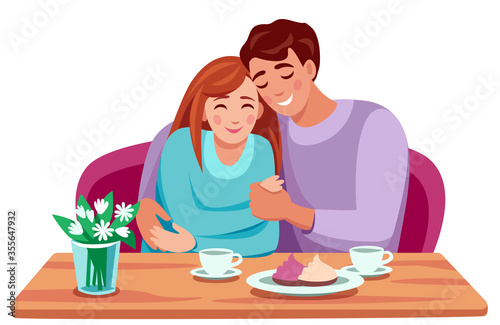 two lovely lovers are sitting at table hugging, a feather holds girl by hand, on table are cups of coffee, cake, flowers