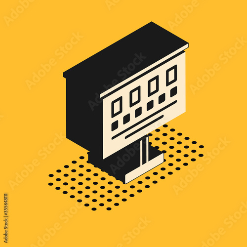 Isometric Eye test chart icon isolated on yellow background. Poster for vision testing in ophthalmic study. Snellen chart. Vector Illustration.
