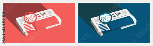 Fake News Template, Editable Vector Illustration. Newspapers On Blue And Red Background. Debunking, Hoax And Junk News Concept. Magnifying Glass Over Paper. Modern Clean Flat Design
