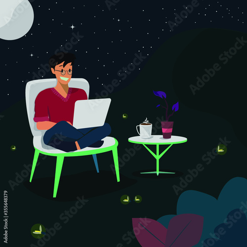 Vector Graphic Illustration of Young Man Working Studying in front of Laptop in Outdoor at Night  Working From Home Illustration. Flat Design Style