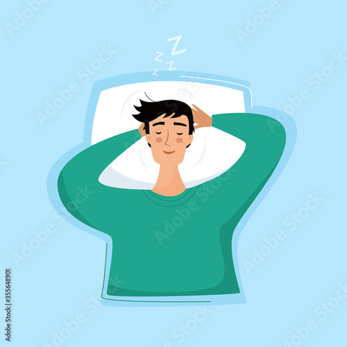 Man sleep in bed. Flat cartoon style. Vector illustration