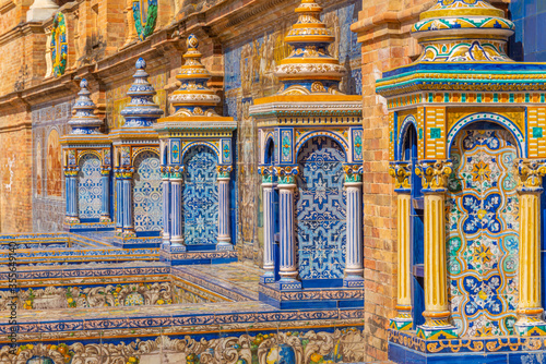 Detail of colorful tiles at Plaza de Espana in Sevilla, Spain