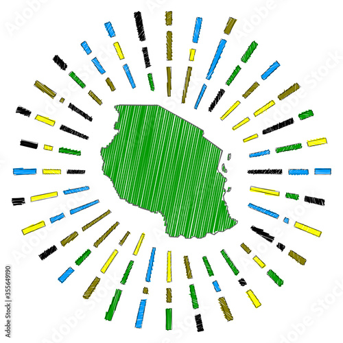 Sketch map of Tanzania. Sunburst around the country in flag colors. Hand drawn Tanzania shape with sun rays on white background. Vector illustration.