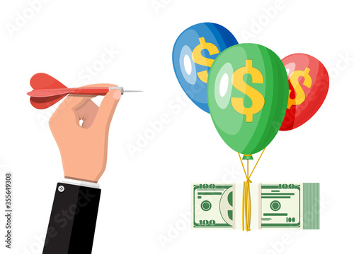 Hand throw dart in balloon with dollar sign. Concept of economy problem or financial crisis, recession, inflation, bankruptcy, income lost, loss of capital. Vector illustration flat style