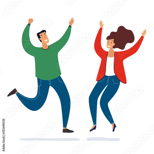 Man and woman jumping. People joyful. 
