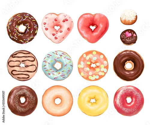 Donuts set isolated on white. Different type of donuts: with chocolate, red, hearts, yellow, turquoise, with glaze and colored splashes. Vector illustration design elements.