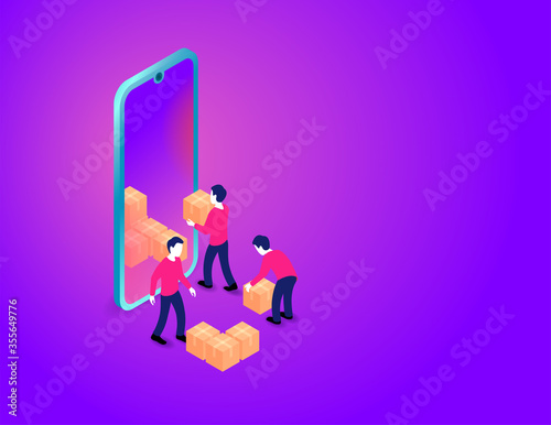 Online delivery shipping concept - people carrying cardboard boxes into big smart phone - group of loaders with packaging - isometric vector illustration