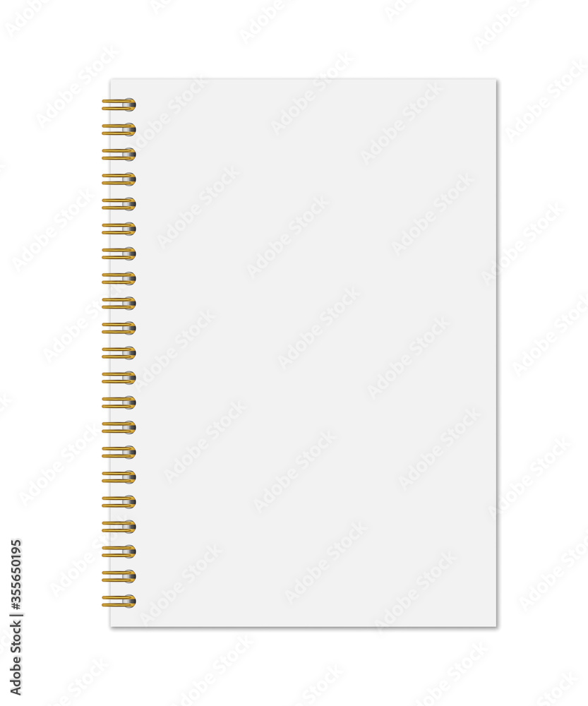 Realistic vector mockup of notebook isolated on white, top view. White sheets of paper, fastened with a gold spiral. EPS 10. Realistic vector mockup of notebook isolated on white, top view. White sheets of paper, fastened with a gold spiral. EPS 10.