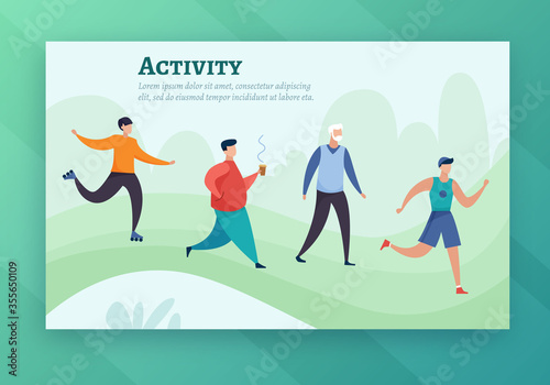People walk, run and roller skating in the park. Flat cartoon style vector illustration.