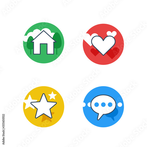 Home, favorites (heart), rating star and feedback colorful Icons set in unique style