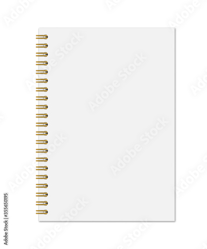 Realistic vector mockup of  notebook isolated on white, top view. White sheets of paper, fastened with a gold spiral. EPS 10.