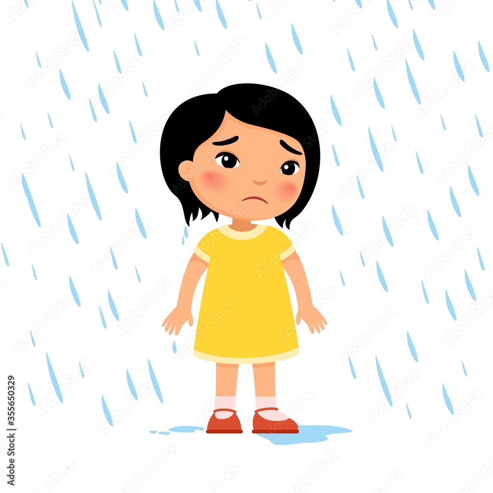 Unhappy girl under rain flat vector illustration. Sad preteen child in ...