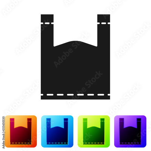 Black Plastic bag icon isolated on white background. Disposable cellophane and polythene package prohibition sign. Set icons in color square buttons. Vector Illustration.