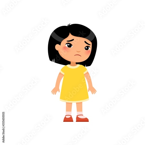Sadness little asian girl flat vector illustration. Upset child standing alone cartoon character. Lonely kid in bad mood, person unhappy expression isolated on white background
