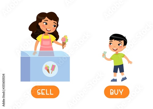 Opposites concept, SELL and BUY. Flashcard with antonyms for children vector template. Word card for language learning. Little asian kid purchasing ice cream flat illustration with typography