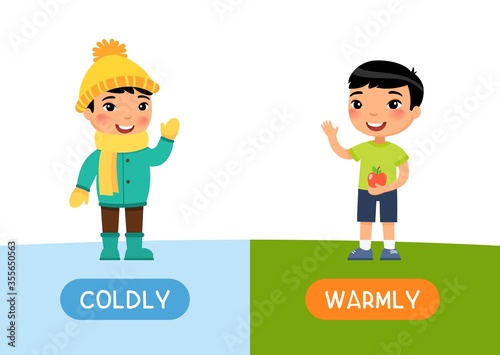 Opposites concept, COLDLY and WARMLY. Childish flash card with antonyms vector template. Educational word card for english language with child. Happy little asain boy flat illustration with typography