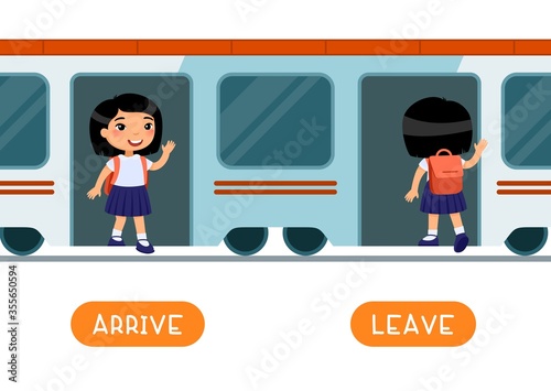 ARRIVE and LEAVE antonyms word card vector template. Flashcard for english language learning. Opposites concept. Schoollgirl getting off train, entering train. Train arrival, departure.