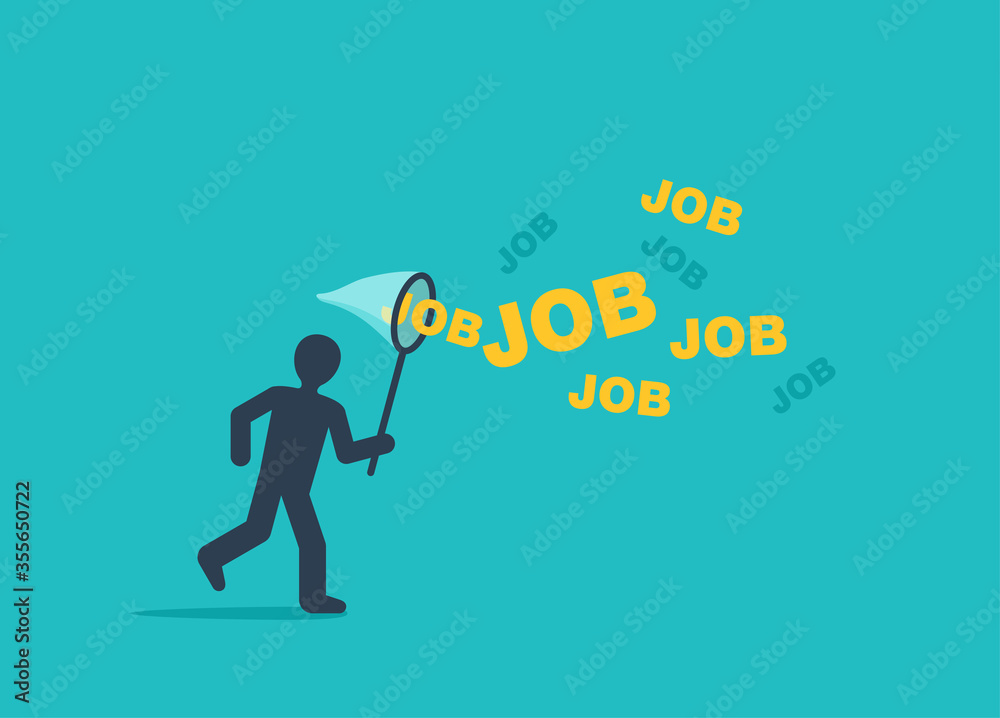 Job searching concept - human silhouette catching JOB words associated with butterflies - business HR recruitment illustration Job searching concept - human silhouette catching JOB words associated with butterflies - business HR recruitment illustration