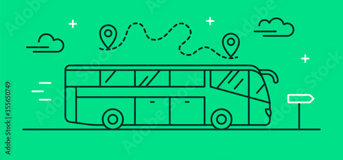 Flat vector illustration on the theme of logistics, transport and travel with a large tourist bus. Intercity bus icon in linear style.