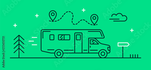 Vector illustration on the theme of transport, travel and family vacations with a motor home that rides on the road. House on wheels icon in linear style.