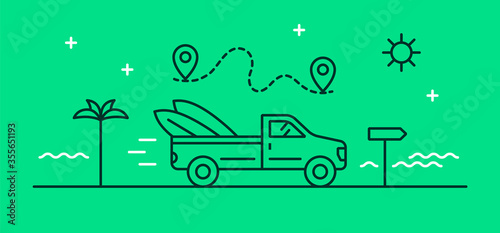 Vector illustration on the theme of transport and travel with a pickup truck that goes to the beach with surfboards in the back. Linear style icon.