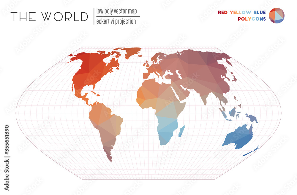 World map in polygonal style. Eckert VI projection of the world. Red Yellow Blue colored