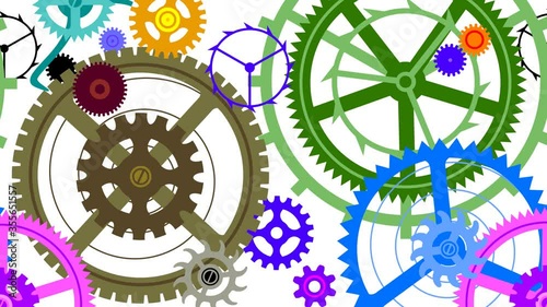 Animation of multi-colored gears isolated on white. 
Animation of seamless loop