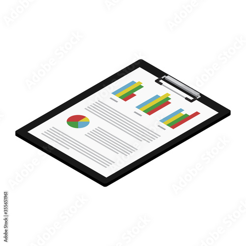 Report, business report with graphs on black clipboard.  Report icon isometric view. Vector