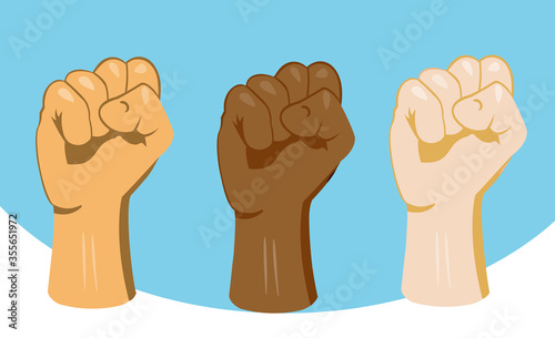 Multiracial fists hands up vector illustration. The concept of unity, revolution, struggle, and cooperation.